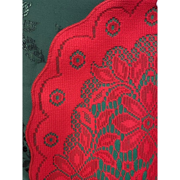 Vtg Table Runner Beautiful Red Lace Look with Poinsettia Pattern & Green Backer - Picture 3 of 7